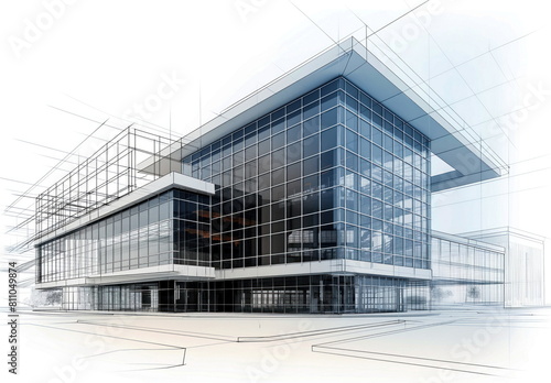 Architectural blueprint concept with wireframe and modern office building design.