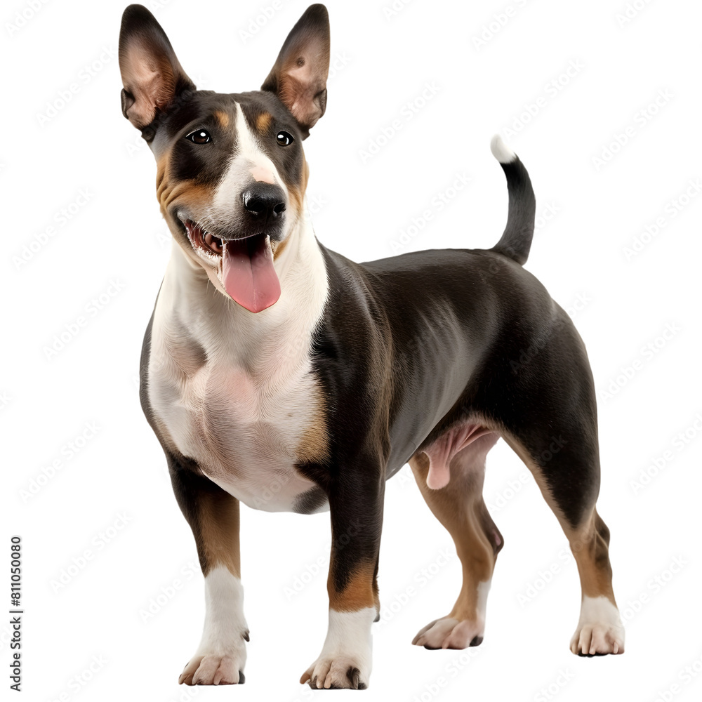 A Bull Terrier, distinctive for its egg-shaped head and muscular build, on a transparent background.