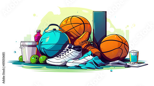 Develop a cartoon style illustration of physical education equipment like a basketball, yoga mat, and sneakers, vibrant and isolated on transparent background