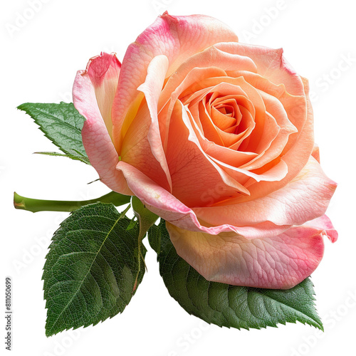 A beautiful pink rose bloom in full blossom, isolated on a white background