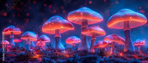 Neon Mushroom.  Illustration On The Theme Of Nature, Mushrooms And The Macrocosm. Generative AI photo