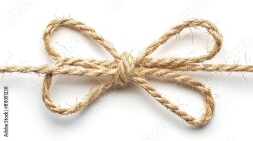 a twine bow atop a white background, seen from a top-down perspective, offering an ideal web banner with ample empty space in the right corner for customizable text.