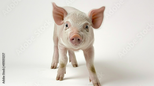 A pig is standing in front of a white background