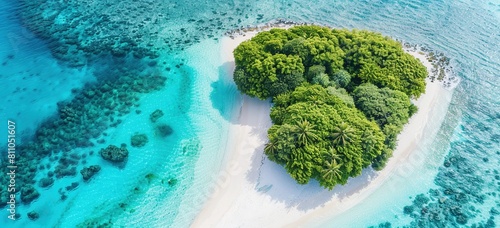 Aerial view of the Maldives shows the unique shape of the island and the bright blue waters with lush greenery on some of the islands.