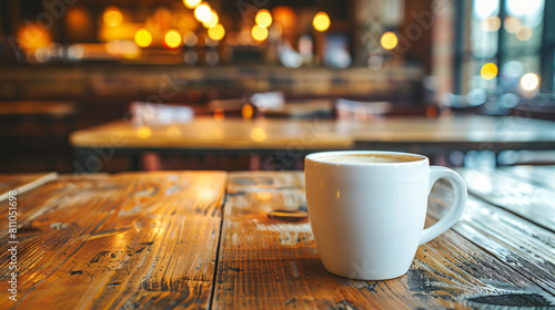 Closeup Coffee cup on wooden table in restaurant