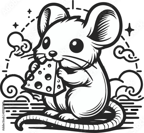 Vector illustration cute and beautiful mouse on white background. Charming character in different poses sitting with cheese, svg file transparent