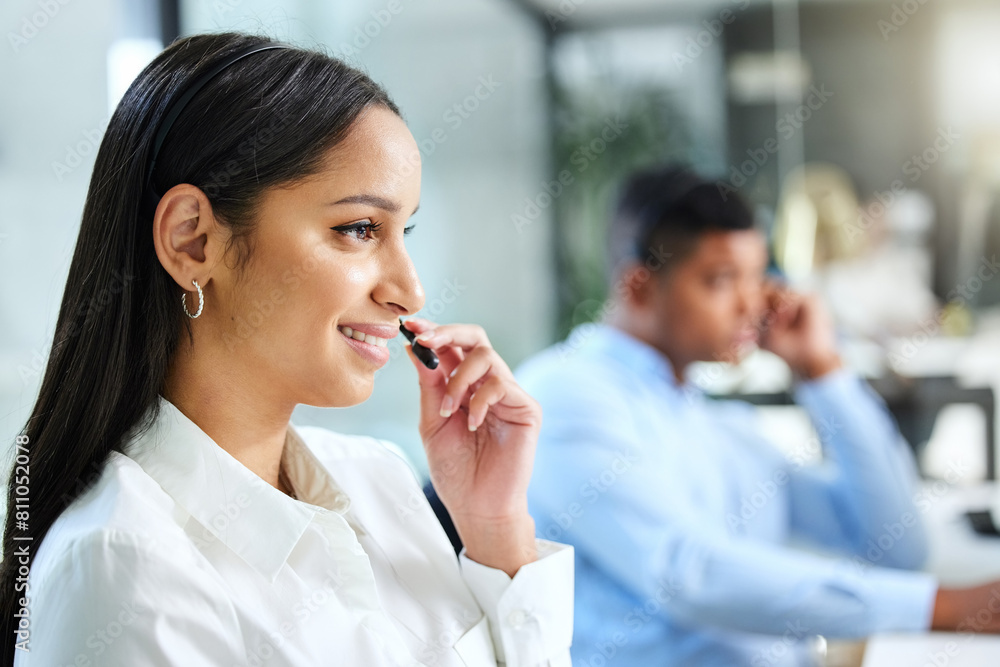 Tech support, callcenter and happy woman with phone call, headset and sales consultant in customer service. Lead generation, advisor or virtual assistant at help desk with telemarketing at crm office