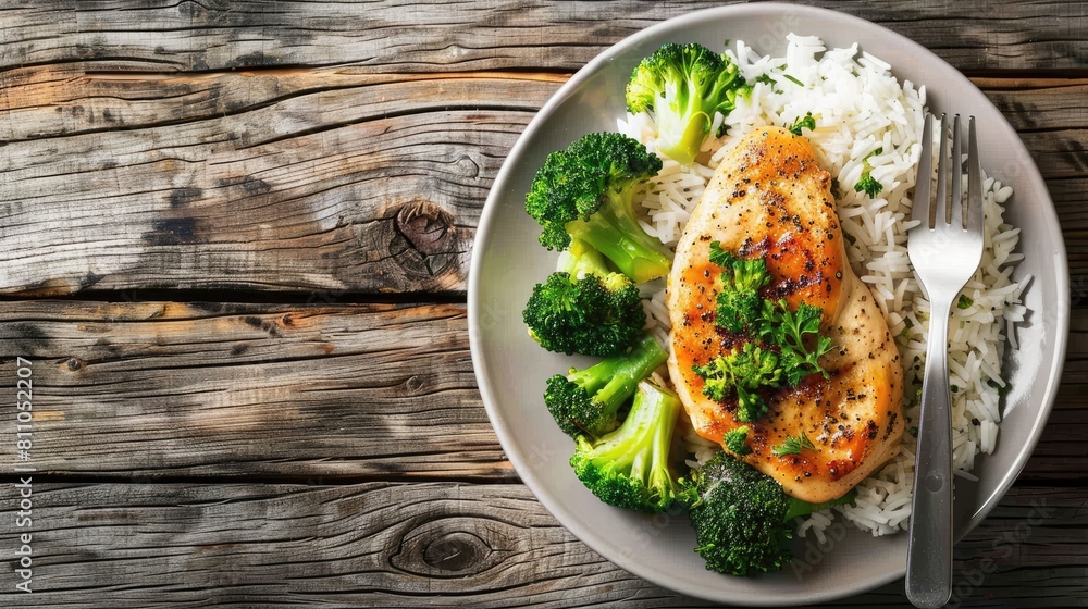 affectionate chicken fillet served with rice and broccoli on a plate, placed on a rustic wooden table, inviting viewers to indulge in a comforting meal. affectionate chicken fillet served with rice and broccoli on a plate, placed on a rustic wooden table, inviting viewers to indulge in a comforting meal.
