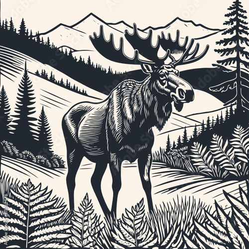 North American moose in the forest. Vector illustration
