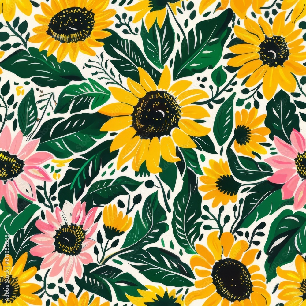 Sunflower seamless pattern. Yellow daisy on off white background. ai generated