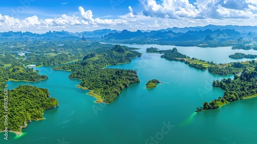 an aerial view showcasing a flowing river amidst lush tropical rainforest, flanked by verdant green mountains under a vast sky, presenting a serene landscape panorama.