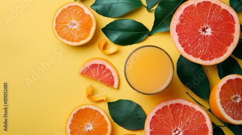 Freshly Squeezed Orange Juice Adorning a Grapefruit and Lush Greens Wallpaper Background