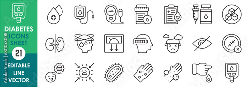 Diabetes icon outline vector set. Blood sugar level of diabetic people shown in line icons style. Glucose monitor symbol illustration isolated in white background.