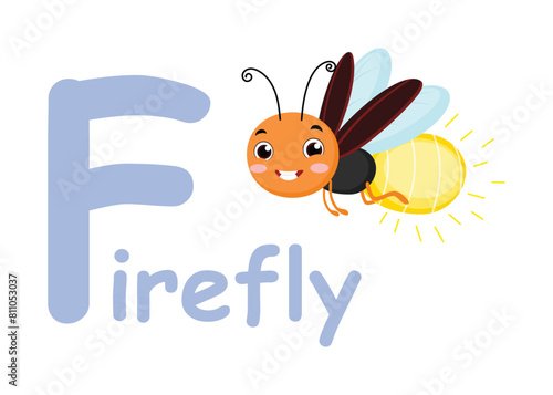 Cute font alphabet F for firefly cartoon characters