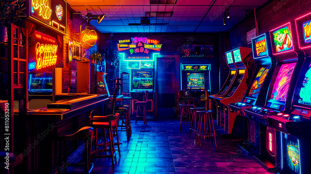 Vibrant game room in bar.