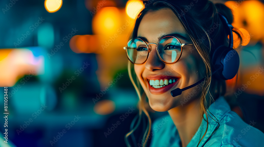 Woman smiling and talking with headset and phone while working at an office. Woman smiling and talking with headset and phone while working at an office.
