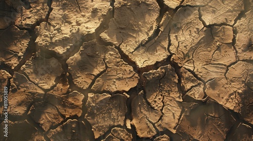 Dry, cracked soil covering the ground as a result of severe drought conditions and heat.