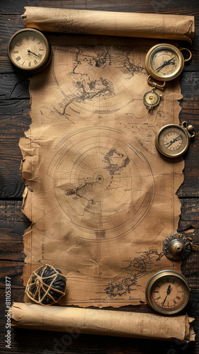 A map is displayed on a wooden surface with a variety of clocks and a rock