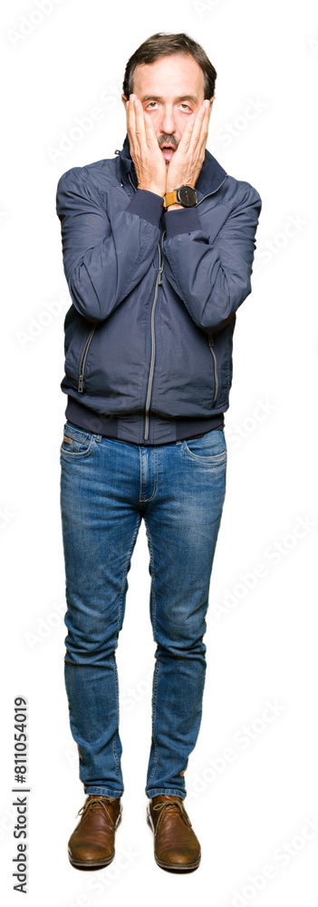 Middle age handsome man wearing a jacket Tired hands covering face, depression and sadness, upset and irritated for problem Middle age handsome man wearing a jacket Tired hands covering face, depression and sadness, upset and irritated for problem