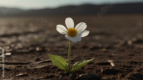 documentary explores a future Earth, a barren wasteland with a single, defiant flower pushing through the cracked surface. What hope does this flower represent. © Allfoone