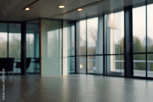 out of focus shot of Beautiful blurred background of a light modern office interior with panoramic windows and beautiful lighting Generative AI