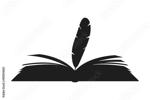 Vector illustration of open book with quill pen silhouette on transparent background