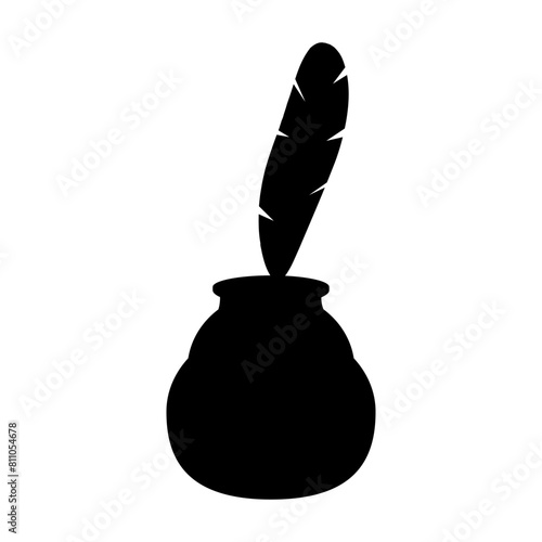 Vector illustration of ink pot with quill pen silhouette on transparent background