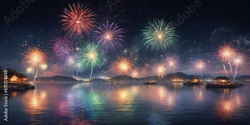 Beautiful colorful fireworks for celebration on dark background
