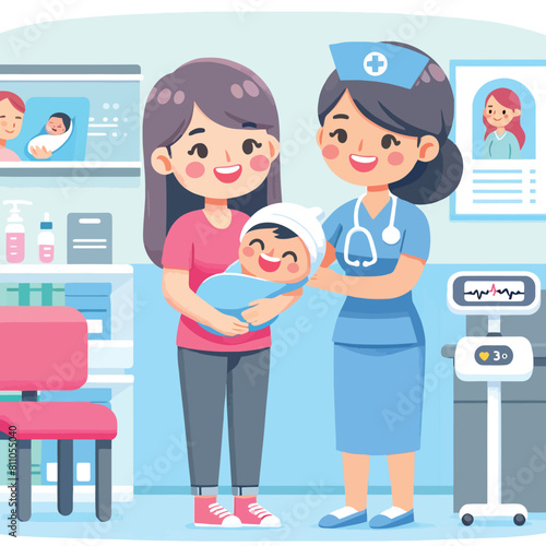 cartoon of a midwife helping a mother deliver a baby in a clinic