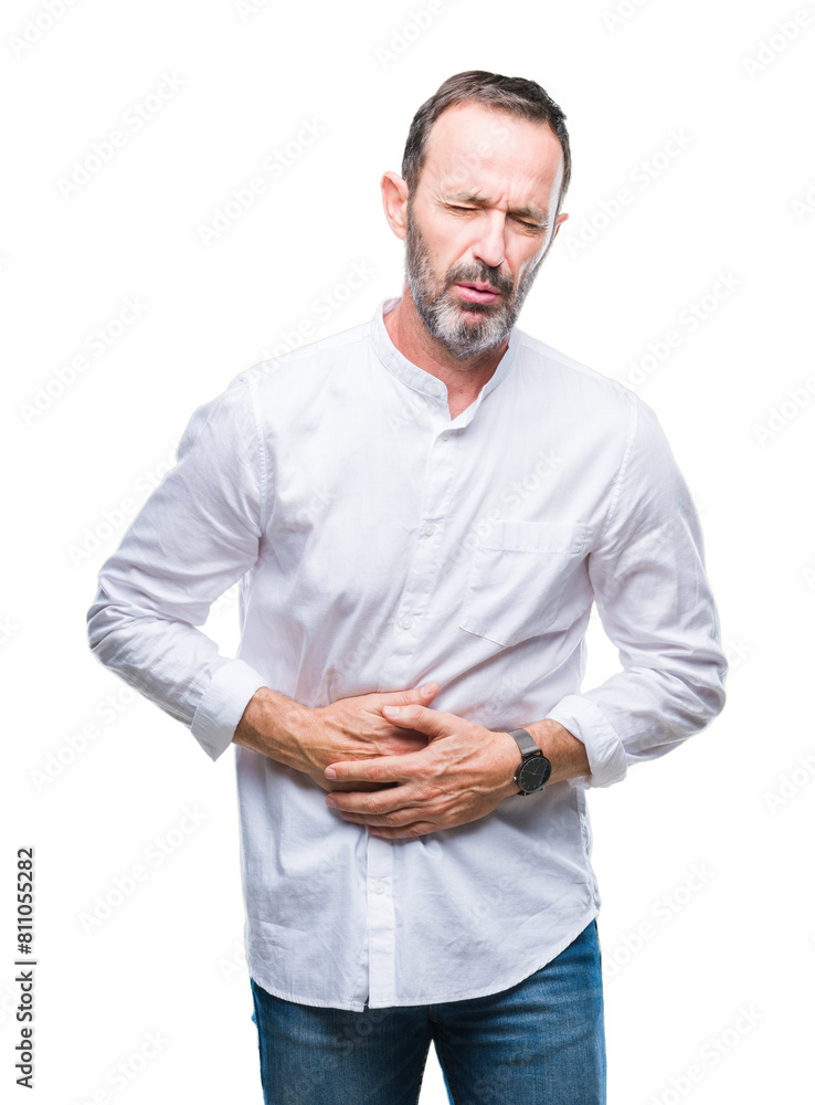 Middle age hoary senior man over isolated background with hand on stomach because indigestion, painful illness feeling unwell. Ache concept. Middle age hoary senior man over isolated background with hand on stomach because indigestion, painful illness feeling unwell. Ache concept.