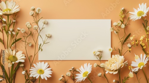 Greeting  invitation blank card in frame made of flowers  copy space. Mock up. Flat lay.