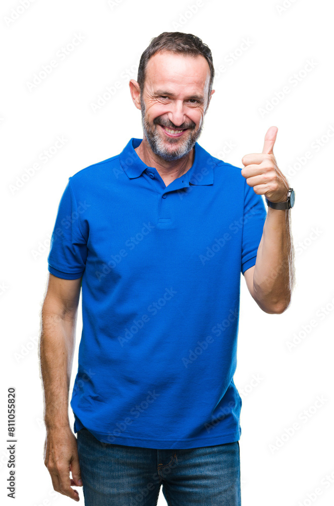 Middle age hoary senior man over isolated background doing happy thumbs up gesture with hand. Approving expression looking at the camera with showing success. Middle age hoary senior man over isolated background doing happy thumbs up gesture with hand. Approving expression looking at the camera with showing success.