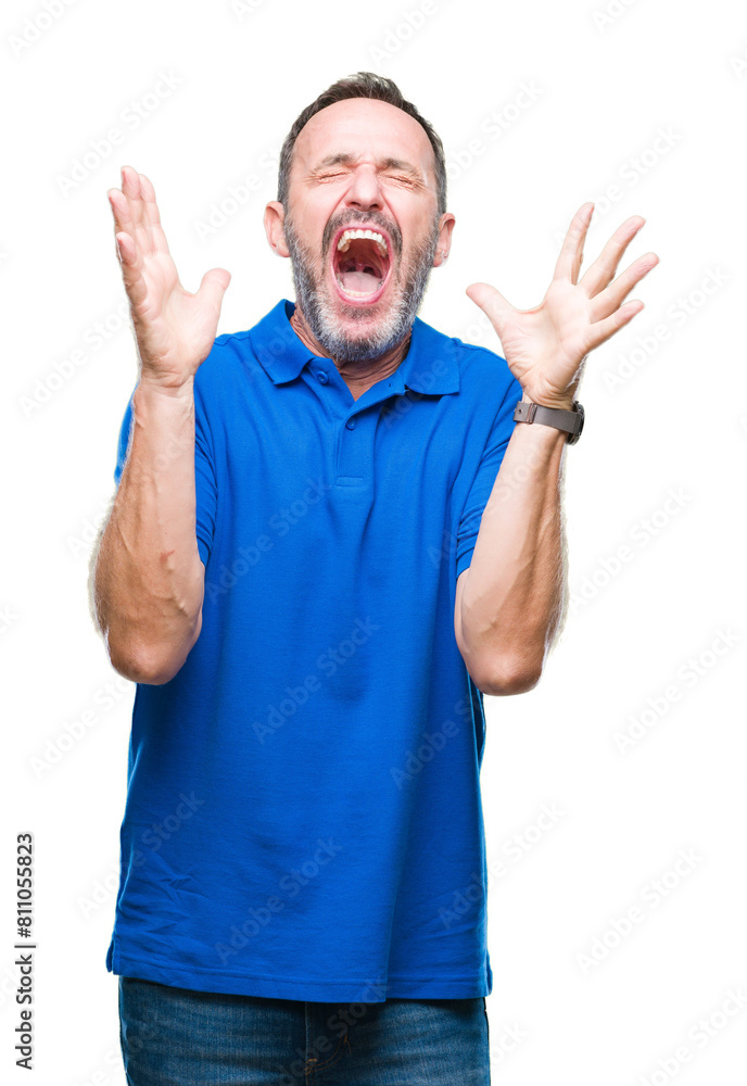 Middle age hoary senior man over isolated background celebrating mad and crazy for success with arms raised and closed eyes screaming excited. Winner concept Middle age hoary senior man over isolated background celebrating mad and crazy for success with arms raised and closed eyes screaming excited. Winner concept