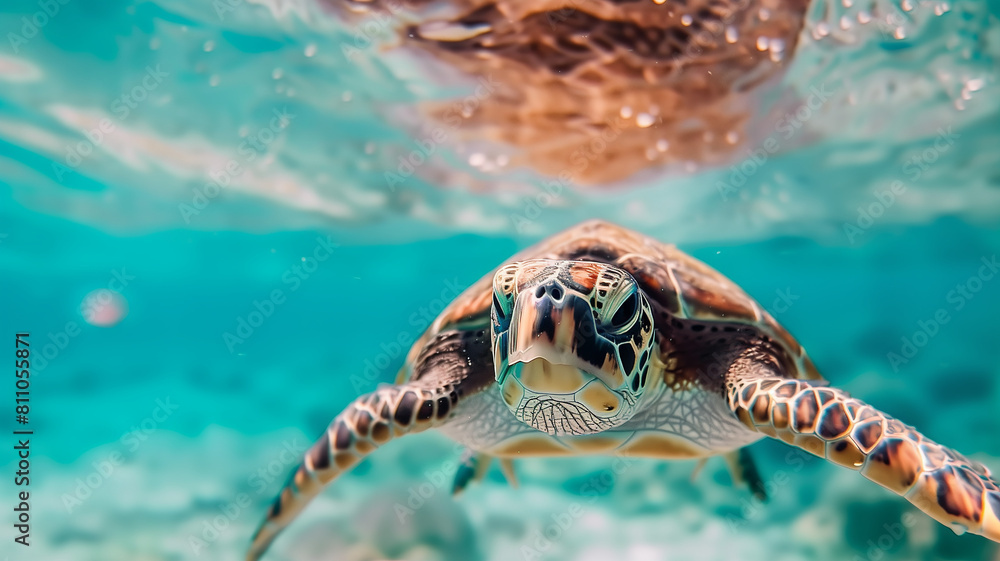 Obraz premium Stunning closeup shot of a sea turtle in the clear blue ocean water
