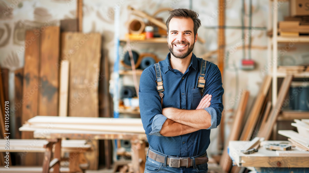 A portrait of smiling male carpenter standing in front of his woodwork workshop