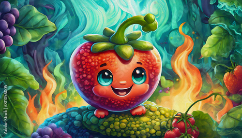 oil painting style CARTOON CHARACTER CUTE happy Red tomato pepper is sitting in front of fire with smoke billow. 