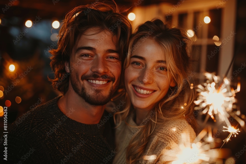 Smiling young couple sharing a cozy moment with sparklers in hand, with a blurred lights background adding a festive vibe