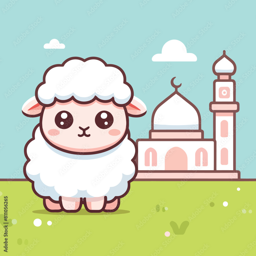 Cartoon of a fluffy sacrificial lamb with a mosque in the background Cartoon of a fluffy sacrificial lamb with a mosque in the background