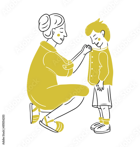 Doodle illustration of wearing mother her kid. Outline hand drawn flat drawing isolated on white background. Vector brining up concept for logo or sticker