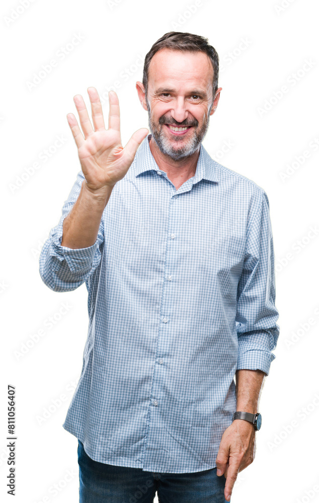 Middle age hoary senior business man over isolated background showing and pointing up with fingers number five while smiling confident and happy. Middle age hoary senior business man over isolated background showing and pointing up with fingers number five while smiling confident and happy.