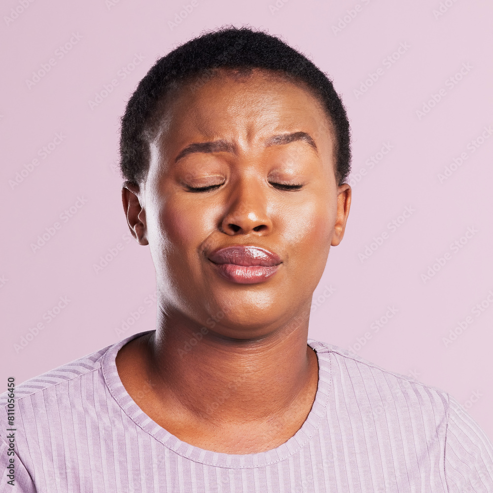 Annoyed, eyebrow and black woman in studio with attitude, reaction and confused on pink background. Female person, rude and eyes closed with opinion or doubt for ignoring, irritated and drama Annoyed, eyebrow and black woman in studio with attitude, reaction and confused on pink background. Female person, rude and eyes closed with opinion or doubt for ignoring, irritated and drama