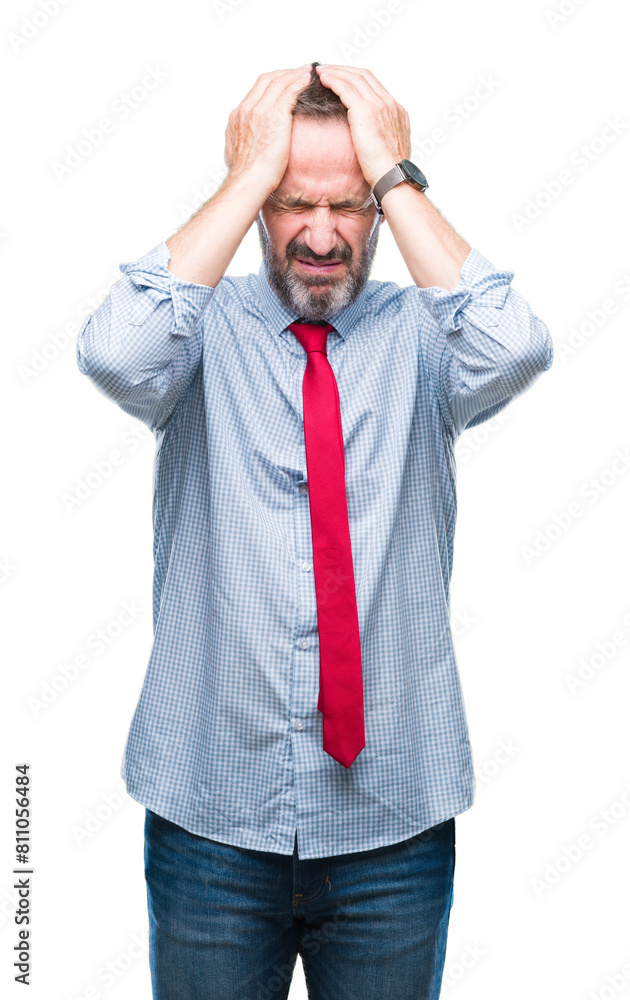 Middle age hoary senior business man wearing red tie over isolated background suffering from headache desperate and stressed because pain and migraine. Hands on head. Middle age hoary senior business man wearing red tie over isolated background suffering from headache desperate and stressed because pain and migraine. Hands on head.