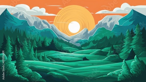 a sunset is shown in the background with mountains and clouds