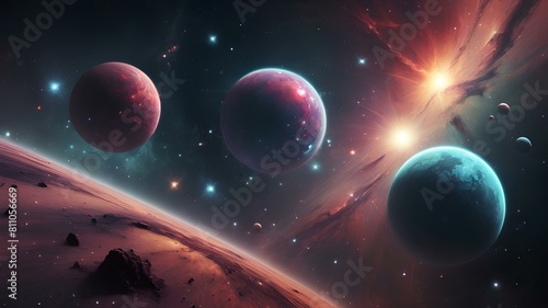 Abstract background illustration of space galaxy with stars planets and nebulas in a fantasy design. AI Generated