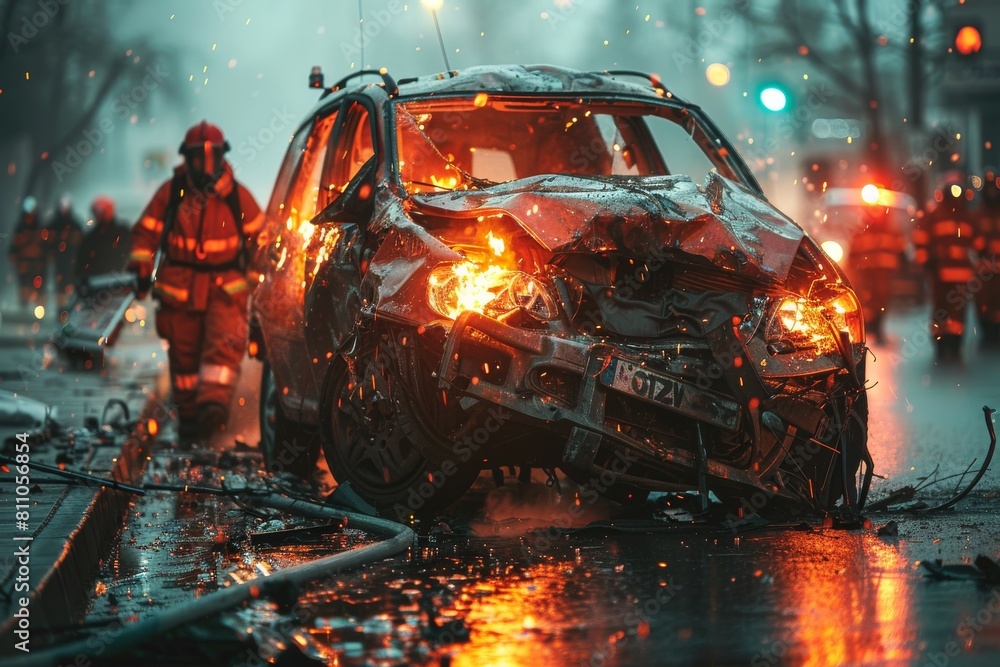 A dramatic and fiery car crash scene at night with sparks flying and firefighters tackling the blaze, depicting urgency and danger A dramatic and fiery car crash scene at night with sparks flying and firefighters tackling the blaze, depicting urgency and danger