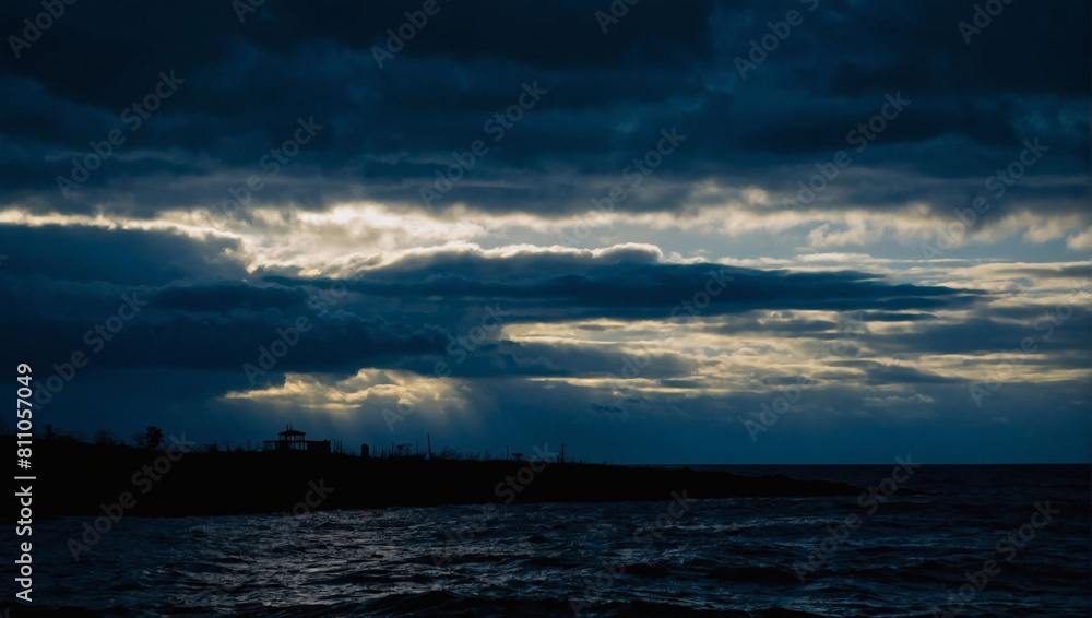 Shadowed Depths, Horror Black Blue Sky and Haunted Clouds over Scary Ocean, Eliciting Gloomy Darkness
