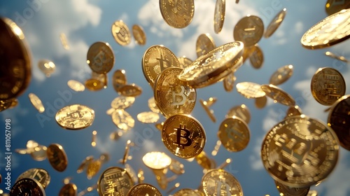 Golden Bitcoins Rain Down from a Renaissance Sky in Surrealist Photography Generative ai photo