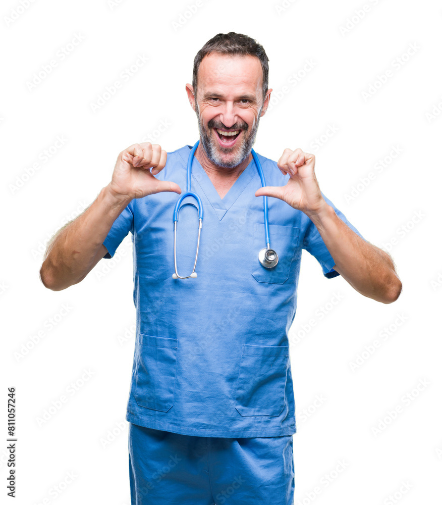 Middle age hoary senior doctor man wearing medical uniform over isolated background looking confident with smile on face, pointing oneself with fingers proud and happy. Middle age hoary senior doctor man wearing medical uniform over isolated background looking confident with smile on face, pointing oneself with fingers proud and happy.
