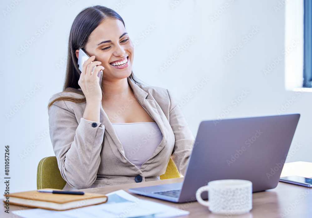 Phone call, laughing or businesswoman on laptop for project notes in conversation, company or communication. Happy, consultant or funny financial advisor networking for advice, plan or news update Phone call, laughing or businesswoman on laptop for project notes in conversation, company or communication. Happy, consultant or funny financial advisor networking for advice, plan or news update