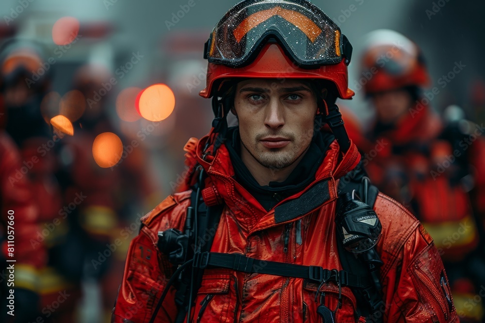Male firefighter in focus with serious expression, red emergency lights in the background during an operation Male firefighter in focus with serious expression, red emergency lights in the background during an operation